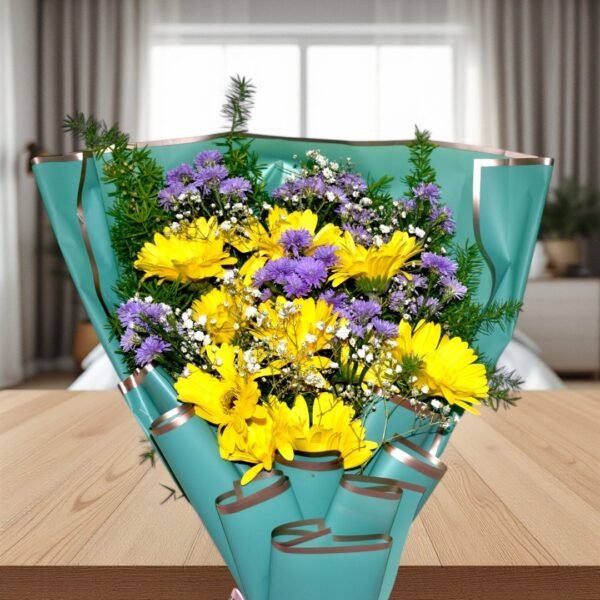 Vibrant Yellow and Purple Mixed Flower Bouquet - Image 2